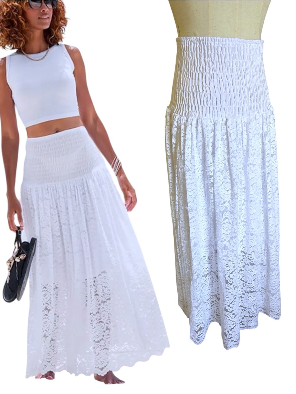 Women’s Convertible White Lace Maxi Skirt - Elegant Women's Summer Skirt - Picture 4 of 14